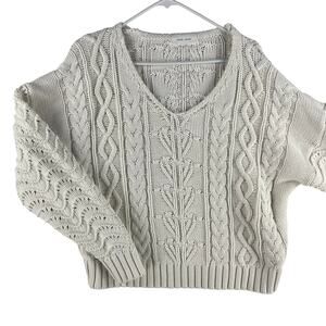 Dear John Womens Cable Knit V-Neck Sweater M Ivory Pointelle Cropped Dolman